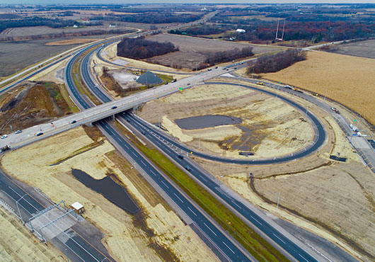 Curran Contracting Company’s award-winning interstate work includes this new interchange constructed for the Illinois Tollway Authority.