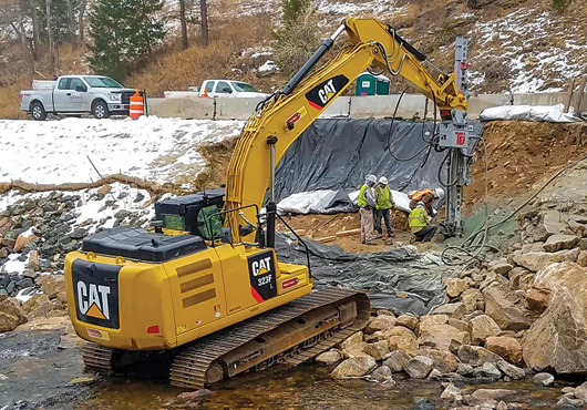 Coal Creek Excavation Inc.’s crew installs micropiles on a bridge site in Lyons, CO.