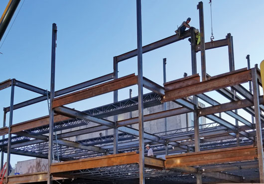 Contrast Metalworks LLC builds a four-story structural steel frame infilled with joist and deck located in University City, Philadelphia.