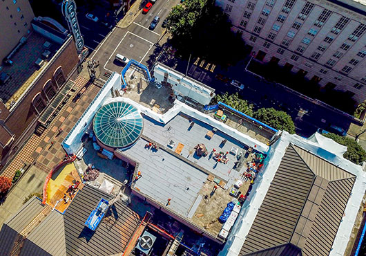The company worked nights and weekends to complete this roofing and waterproofing project for Antoinette Hatfield Hall, Portland’s downtown performing arts center.