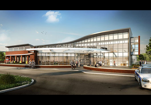 A rendering for the new North Providence Public Safety Complex. Ahlborg Construction Corporation began work on this $25 million, 58,000-square-foot building in June 2018 and it will be substantially completed in July 2019.