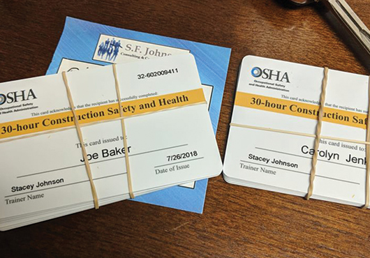 Stacey Johnson, S F Johnson Consulting & Construction Services CEO and Owner/Operator, issues OSHA cards like these to clients who complete her OSHA training.