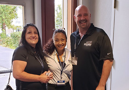Kelli Wellhausen (left), Owner of Made in the Shade Napa/Solano, inspects a project with Lisa Bautista, Franchise Owner, The Blue Book Network (center) and Aaron Kerrigan, Director of Commercial Sales, Made in the Shade.